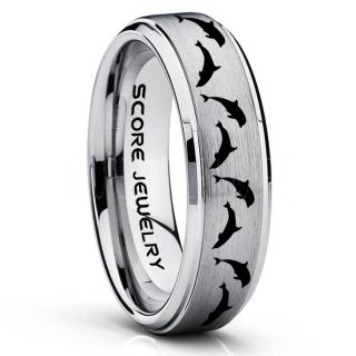 Dolphins Ring, Dolphin Wedding Ring, Dolphin Wedding Band, Marine Life Ring, Bottlenose Dolphins Ring, Dolphin Pod Silver Tungsten Ring, Silver Wedding Band, Ocean Life Wedding Band