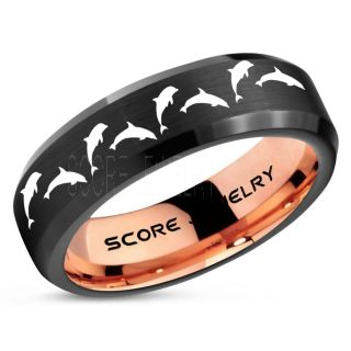 Dolphins Ring, Dolphin Wedding Ring, Dolphin Wedding Band, Marine Life Ring, Bottlenose Dolphins Ring, Dolphin Pod Black Tungsten Ring, Black Wedding Band, Ocean Life Wedding Band
