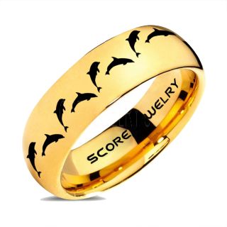 Dolphins Ring, Dolphin Wedding Ring, Dolphin Wedding Band, Marine Life Ring, Bottlenose Dolphins Ring, Dolphin Pod 14K Yellow Gold Tungsten Ring, Yellow Gold Wedding Band, Ocean Life Wedding Band