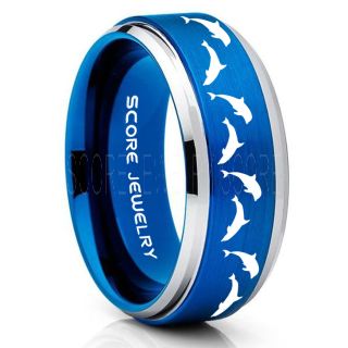 Dolphins Ring, Dolphin Wedding Ring, Dolphin Wedding Band, Marine Life Ring, Bottlenose Dolphins Ring, Dolphin Pod Blue Tungsten Ring, Blue Wedding Band, Ocean Life Wedding Band