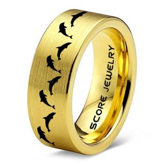 Dolphins Ring, Dolphin Wedding Ring, Dolphin Wedding Band, Marine Life Ring, Bottlenose Dolphins Ring, Dolphin Pod 14K Yellow Gold Tungsten Ring, Yellow Gold Wedding Band, Ocean Life Wedding Band