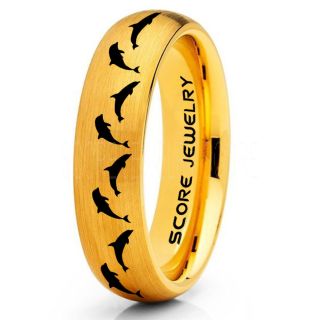 Dolphins Ring, Dolphin Wedding Ring, Dolphin Wedding Band, Marine Life Ring, Bottlenose Dolphins Ring, Dolphin Pod 14K Yellow Gold Tungsten Ring, Yellow Gold Wedding Band, Ocean Life Wedding Band