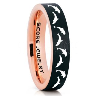 Dolphins Ring, Dolphin Wedding Ring, Dolphin Wedding Band, Marine Life Ring, Bottlenose Dolphins Ring, Dolphin Pod Black Tungsten Ring, Black Wedding Band, Ocean Life Wedding Band