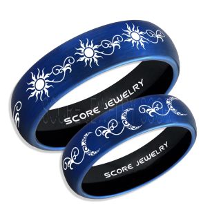 2 Piece Couple Tribal Sun and Moon Rings, Sun and Moon Wedding Bands, Tribal Sun and Moon Rings, Blue Tungsten Rings, Blue Tungsten Bands, Sun and Moon Wedding Bands
