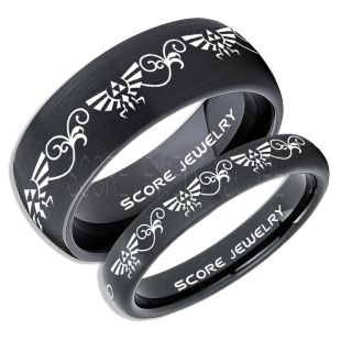 Zelda Ring, Gamer Ring, 2 Piece Couple Set Legend of Zelda Rings, Zelda Wedding Rings, Zelda Wedding Bands, Black Tungsten Rings, Black Wedding Bands