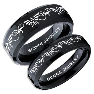 Zelda Ring, Gamer Ring, 2 Piece Couple Set Legend of Zelda Rings, Zelda Wedding Rings, Zelda Wedding Bands, Black Tungsten Rings, Black Wedding Bands