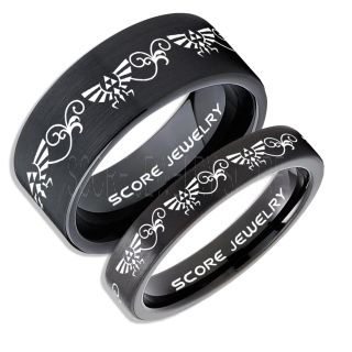 Zelda Ring, Gamer Ring, 2 Piece Couple Set Legend of Zelda Rings, Zelda Wedding Rings, Zelda Wedding Bands, Black Tungsten Rings, Black Wedding Bands