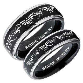 Zelda Ring, Gamer Ring, 2 Piece Couple Set Legend of Zelda Rings, Zelda Wedding Rings, Zelda Wedding Bands, Black Tungsten Rings, Black Wedding Bands