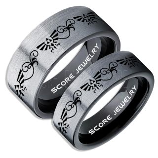 Zelda Ring, Gamer Ring, 2 Piece Couple Set Legend of Zelda Rings, Zelda Wedding Rings, Zelda Wedding Bands, Black Tungsten Rings, Black Wedding Bands