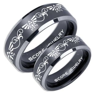 Zelda Ring, Gamer Ring, 2 Piece Couple Set Legend of Zelda Rings, Zelda Wedding Rings, Zelda Wedding Bands, Black Tungsten Rings, Black Wedding Bands