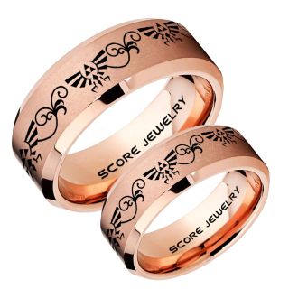 Zelda Ring, Gamer Ring, 2 Piece Couple Set Legend of Zelda Rings, Zelda Wedding Rings, Zelda Wedding Bands, 14K Rose Gold Tungsten Rings, Rose Gold Wedding Bands