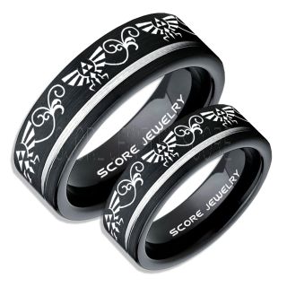 Zelda Ring, Gamer Ring, 2 Piece Couple Set Legend of Zelda Rings, Zelda Wedding Rings, Zelda Wedding Bands, Black Tungsten Rings, Black Wedding Bands