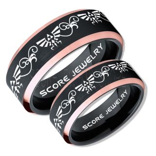 Zelda Ring, Gamer Ring, 2 Piece Couple Set Legend of Zelda Rings, Zelda Wedding Rings, Zelda Wedding Bands, Black Tungsten Rings, Black Wedding Bands