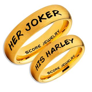 2 Piece Couple Set Her Joker and His Harley Rings, Cosplay Ring, 14K Yellow Gold Joker and Harley Rings, Joker & Harley Rings, Joker Harley Rings, Joker Rings, Joker and Harley Jewelry, Yellow Gold Tungsten Rings