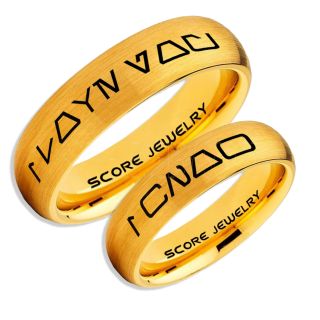 Aurebesh Rings, 2 Piece Couple Set Star Wars Rings, Star Wars Wedding Bands, I Love You I Know Ring, 14K Yellow Gold Tungsten Aurebesh Wedding Rings, Yellow Gold Tungsten Bands, Aurebesh Wedding Bands