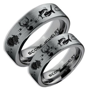 Wild Turkey Rings, 2 Piece Couple Set Catfish Rings, Deer Hunting Rings, Catfish Fishing Rings, Fishing Rings, Silver Tungsten Rings, Silver Wedding Bands, Hunting Rings, Fish Hooks Wedding Bands, Deer Tracks Rings, Christian Cross Rings
