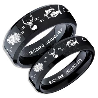 Wild Turkey Rings, 2 Piece Couple Set Catfish Rings, Deer Hunting Rings, Catfish Fishing Rings, Fishing Rings, Black Tungsten Rings, Black Wedding Bands, Hunting Rings, Fish Hooks Wedding Bands, Deer Tracks Rings, Christian Cross Rings