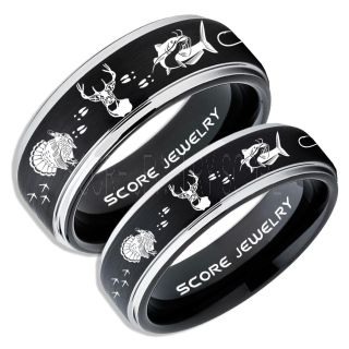 Wild Turkey Rings, 2 Piece Couple Set Catfish Rings, Deer Hunting Rings, Catfish Fishing Rings, Fishing Rings, Black Tungsten Rings, Black Wedding Bands, Hunting Rings, Fish Hooks Wedding Bands, Deer Tracks Rings, Christian Cross Rings