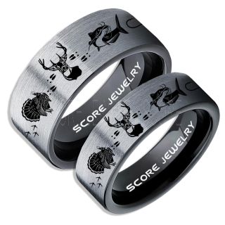 Wild Turkey Rings, 2 Piece Couple Set Catfish Rings, Deer Hunting Rings, Catfish Fishing Rings, Fishing Rings, Black Tungsten Rings, Black Wedding Bands, Hunting Rings, Fish Hooks Wedding Bands, Deer Tracks Rings, Christian Cross Rings