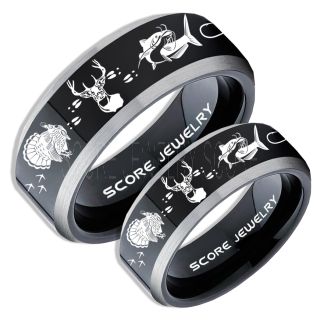 Wild Turkey Rings, 2 Piece Couple Set Catfish Rings, Deer Hunting Rings, Catfish Fishing Rings, Fishing Rings, Black Tungsten Rings, Black Wedding Bands, Hunting Rings, Fish Hooks Wedding Bands, Deer Tracks Rings, Christian Cross Rings