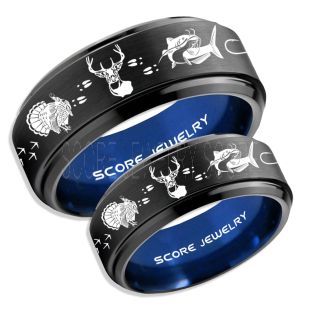 Wild Turkey Rings, 2 Piece Couple Set Catfish Rings, Deer Hunting Rings, Catfish Fishing Rings, Fishing Rings, Black Tungsten Rings, Black Wedding Bands, Hunting Rings, Fish Hooks Wedding Bands, Deer Tracks Rings, Christian Cross Rings