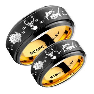 Wild Turkey Rings, 2 Piece Couple Set Catfish Rings, Deer Hunting Rings, Catfish Fishing Rings, Fishing Rings, Black Tungsten Rings, Black Wedding Bands, Hunting Rings, Fish Hooks Wedding Bands, Deer Tracks Rings, Christian Cross Rings
