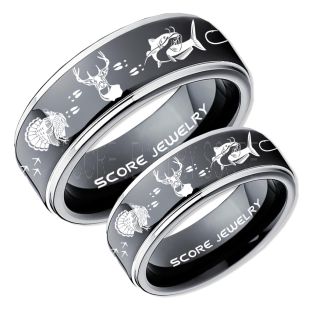 Wild Turkey Rings, 2 Piece Couple Set Catfish Rings, Deer Hunting Rings, Catfish Fishing Rings, Fishing Rings, Black Tungsten Rings, Black Wedding Bands, Hunting Rings, Fish Hooks Wedding Bands, Deer Tracks Rings, Christian Cross Rings