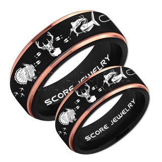 Wild Turkey Rings, 2 Piece Couple Set Catfish Rings, Deer Hunting Rings, Catfish Fishing Rings, Fishing Rings, Black Tungsten Rings, Black Wedding Bands, Hunting Rings, Fish Hooks Wedding Bands, Deer Tracks Rings, Christian Cross Rings