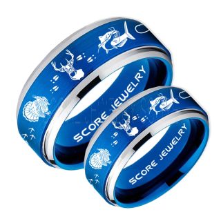 Wild Turkey Rings, 2 Piece Couple Set Catfish Rings, Deer Hunting Rings, Catfish Fishing Rings, Fishing Rings, Blue Tungsten Rings, Blue Wedding Bands, Hunting Rings, Fish Hooks Wedding Bands, Deer Tracks Rings, Christian Cross Rings