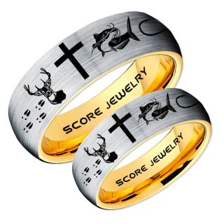 Catfish Rings, 2 Piece Couple Set Deer Hunting Rings, Catfish Fishing Rings, Fishing Rings, Silver Tungsten Rings, Silver Wedding Bands, Hunting Rings, Fish Hooks Wedding Bands, Deer Tracks Rings, Christian Cross Rings