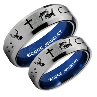 Catfish Rings, 2 Piece Couple Set Deer Hunting Rings, Catfish Fishing Rings, Fishing Rings, Silver Tungsten Rings, Silver Wedding Bands, Hunting Rings, Fish Hooks Wedding Bands, Deer Tracks Rings, Christian Cross Rings