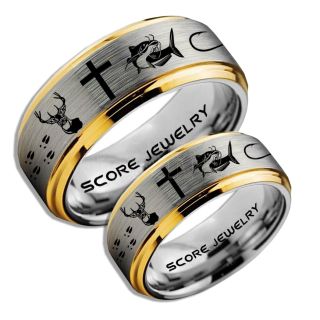 Catfish Rings, 2 Piece Couple Set Deer Hunting Rings, Catfish Fishing Rings, Fishing Rings, Silver Tungsten Rings, Silver Wedding Bands, Hunting Rings, Fish Hooks Wedding Bands, Deer Tracks Rings, Christian Cross Rings