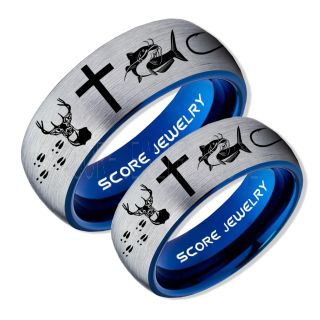 Catfish Rings, 2 Piece Couple Set Deer Hunting Rings, Catfish Fishing Rings, Fishing Rings, Silver Tungsten Rings, Silver Wedding Bands, Hunting Rings, Fish Hooks Wedding Bands, Deer Tracks Rings, Christian Cross Rings