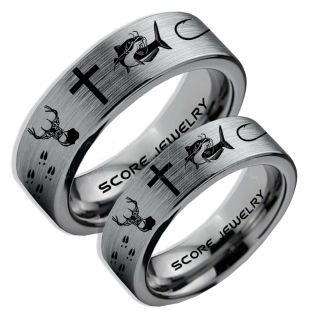 Catfish Rings, 2 Piece Couple Set Deer Hunting Rings, Catfish Fishing Rings, Fishing Rings, Silver Tungsten Rings, Silver Wedding Bands, Hunting Rings, Fish Hooks Wedding Bands, Deer Tracks Rings, Christian Cross Rings