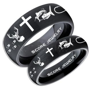 Catfish Rings, 2 Piece Couple Set Deer Hunting Rings, Catfish Fishing Rings, Fishing Rings, Black Tungsten Rings, Black Wedding Bands, Hunting Rings, Fish Hooks Wedding Bands, Deer Tracks Rings, Christian Cross Rings