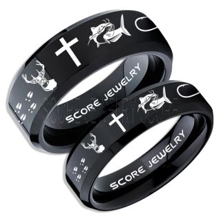 Catfish Rings, 2 Piece Couple Set Deer Hunting Rings, Catfish Fishing Rings, Fishing Rings, Black Tungsten Rings, Black Wedding Bands, Hunting Rings, Fish Hooks Wedding Bands, Deer Tracks Rings, Christian Cross Rings