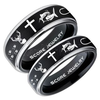 Catfish Rings, 2 Piece Couple Set Deer Hunting Rings, Catfish Fishing Rings, Fishing Rings, Black Tungsten Rings, Black Wedding Bands, Hunting Rings, Fish Hooks Wedding Bands, Deer Tracks Rings, Christian Cross Rings