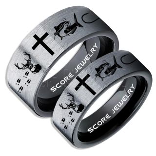 Catfish Rings, 2 Piece Couple Set Deer Hunting Rings, Catfish Fishing Rings, Fishing Rings, Black Tungsten Rings, Black Wedding Bands, Hunting Rings, Fish Hooks Wedding Bands, Deer Tracks Rings, Christian Cross Rings