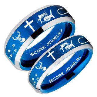 Catfish Rings, 2 Piece Couple Set Deer Hunting Rings, Catfish Fishing Rings, Fishing Rings, Blue Tungsten Rings, Blue Wedding Bands, Hunting Rings, Fish Hooks Wedding Bands, Deer Tracks Rings, Christian Cross Rings