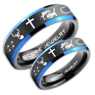 Catfish Rings, 2 Piece Couple Set Deer Hunting Rings, Catfish Fishing Rings, Fishing Rings, Black Tungsten Rings, Black Wedding Bands, Hunting Rings, Fish Hooks Wedding Bands, Deer Tracks Rings, Christian Cross Rings