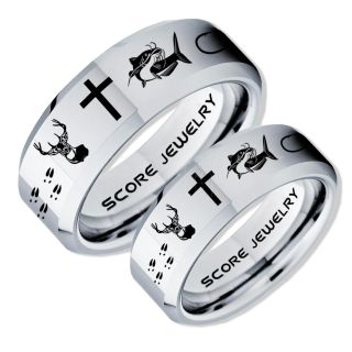 Catfish Rings, 2 Piece Couple Set Deer Hunting Rings, Catfish Fishing Rings, Fishing Rings, Silver Tungsten Rings, Silver Wedding Bands, Hunting Rings, Fish Hooks Wedding Bands, Deer Tracks Rings, Christian Cross Rings