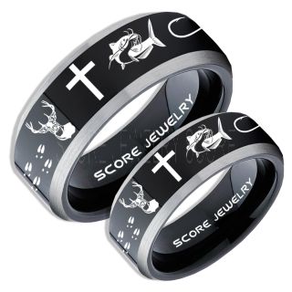 Catfish Rings, 2 Piece Couple Set Deer Hunting Rings, Catfish Fishing Rings, Fishing Rings, Black Tungsten Rings, Black Wedding Bands, Hunting Rings, Fish Hooks Wedding Bands, Deer Tracks Rings, Christian Cross Rings