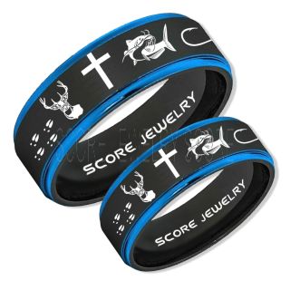 Catfish Rings, 2 Piece Couple Set Deer Hunting Rings, Catfish Fishing Rings, Fishing Rings, Black Tungsten Rings, Black Wedding Bands, Hunting Rings, Fish Hooks Wedding Bands, Deer Tracks Rings, Christian Cross Rings