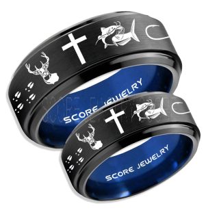 Catfish Rings, 2 Piece Couple Set Deer Hunting Rings, Catfish Fishing Rings, Fishing Rings, Black Tungsten Rings, Black Wedding Bands, Hunting Rings, Fish Hooks Wedding Bands, Deer Tracks Rings, Christian Cross Rings