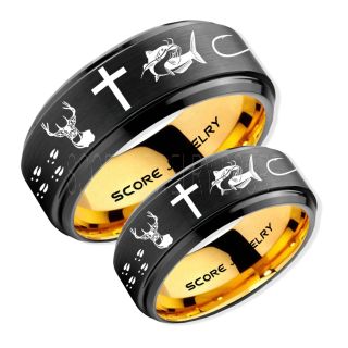 Catfish Rings, 2 Piece Couple Set Deer Hunting Rings, Catfish Fishing Rings, Fishing Rings, Black Tungsten Rings, Black Wedding Bands, Hunting Rings, Fish Hooks Wedding Bands, Deer Tracks Rings, Christian Cross Rings
