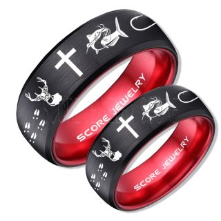 Catfish Rings, 2 Piece Couple Set Deer Hunting Rings, Catfish Fishing Rings, Fishing Rings, Black Tungsten Rings, Black Wedding Bands, Hunting Rings, Fish Hooks Wedding Bands, Deer Tracks Rings, Christian Cross Rings