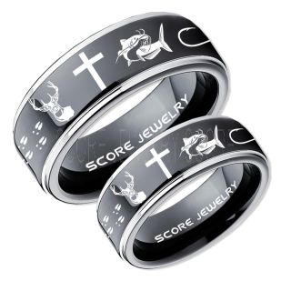 Catfish Rings, 2 Piece Couple Set Deer Hunting Rings, Catfish Fishing Rings, Fishing Rings, Black Tungsten Rings, Black Wedding Bands, Hunting Rings, Fish Hooks Wedding Bands, Deer Tracks Rings, Christian Cross Rings
