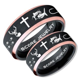 Catfish Rings, 2 Piece Couple Set Deer Hunting Rings, Catfish Fishing Rings, Fishing Rings, Black Tungsten Rings, Black Wedding Bands, Hunting Rings, Fish Hooks Wedding Bands, Deer Tracks Rings, Christian Cross Rings