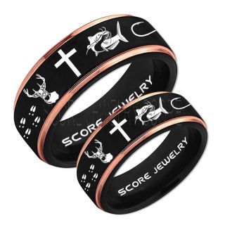 Catfish Rings, 2 Piece Couple Set Deer Hunting Rings, Catfish Fishing Rings, Fishing Rings, Black Tungsten Rings, Black Wedding Bands, Hunting Rings, Fish Hooks Wedding Bands, Deer Tracks Rings, Christian Cross Rings