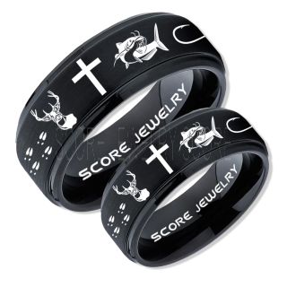 Catfish Rings, 2 Piece Couple Set Deer Hunting Rings, Catfish Fishing Rings, Fishing Rings, Black Tungsten Rings, Black Wedding Bands, Hunting Rings, Fish Hooks Wedding Bands, Deer Tracks Rings, Christian Cross Rings